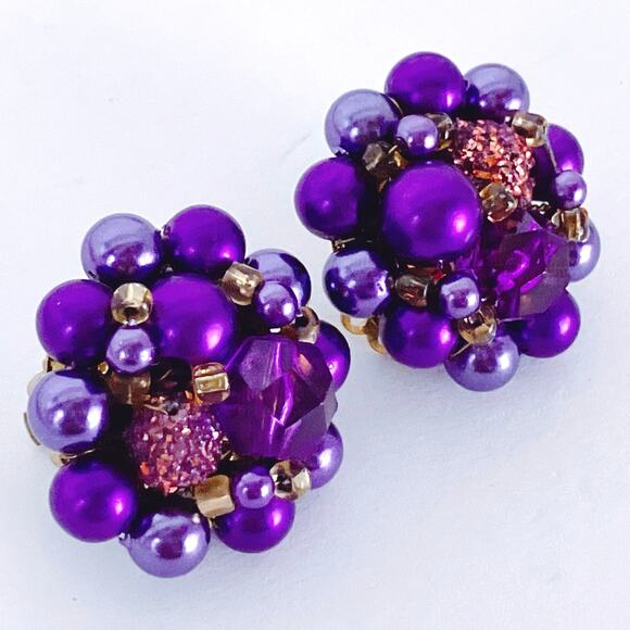 VTG Japan Mid Century Cocktail Earrings Purple Faux Pearl Bead Cluster Clip On - Picture 6 of 11